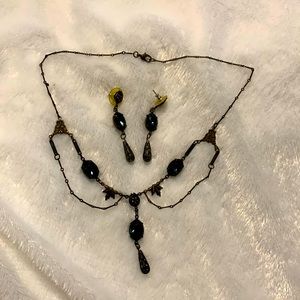 Brass and blue stone necklace and earring set